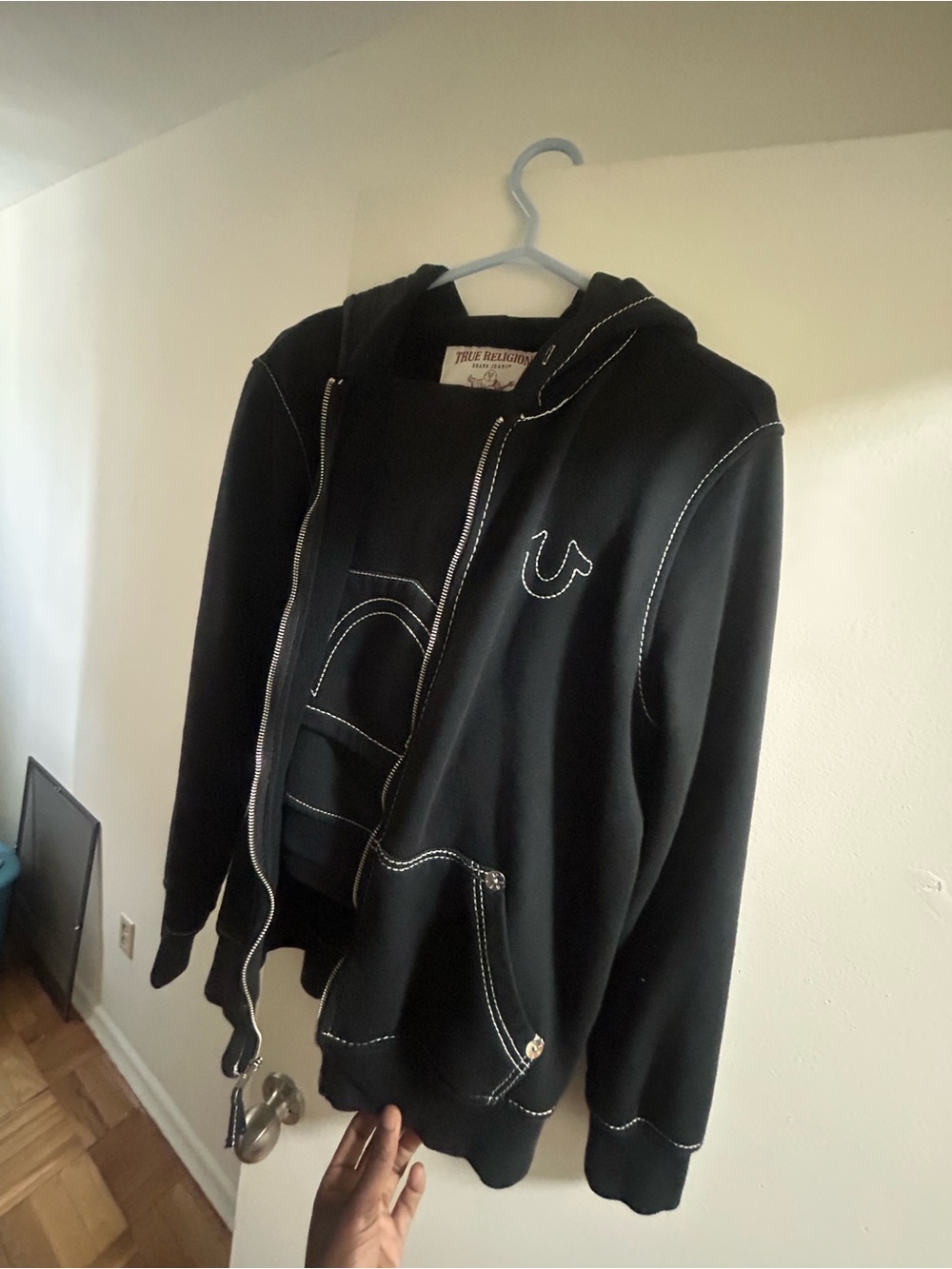 True Religion Black Hoodie with White Contrast Stitching